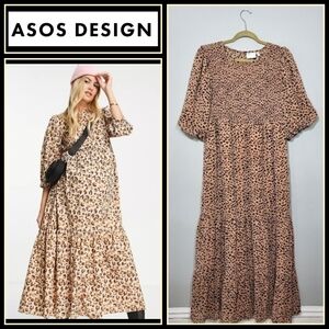 🌞ASOS Design Size 10 Maternity Cheetah Print Tiered Maxi Dress with Smocking
